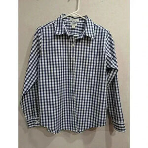 Wrinkle-free long sleeve button up collared navy & white gingham dress shirt